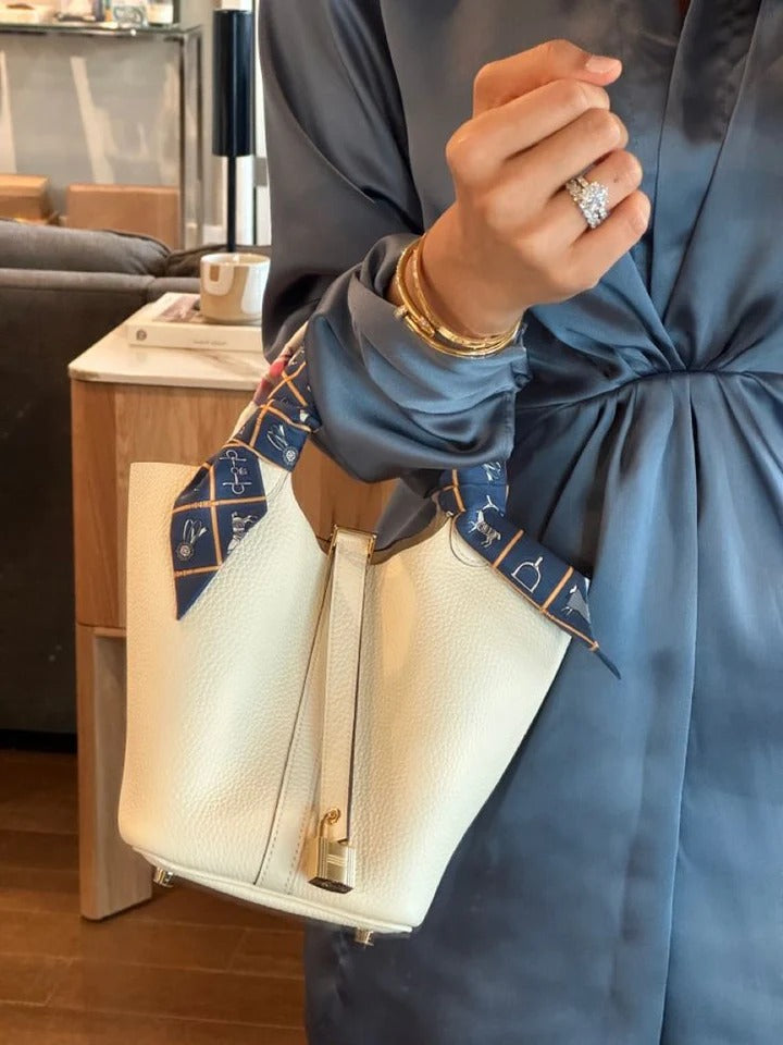 Structured Bucket Tote with Lock Detail